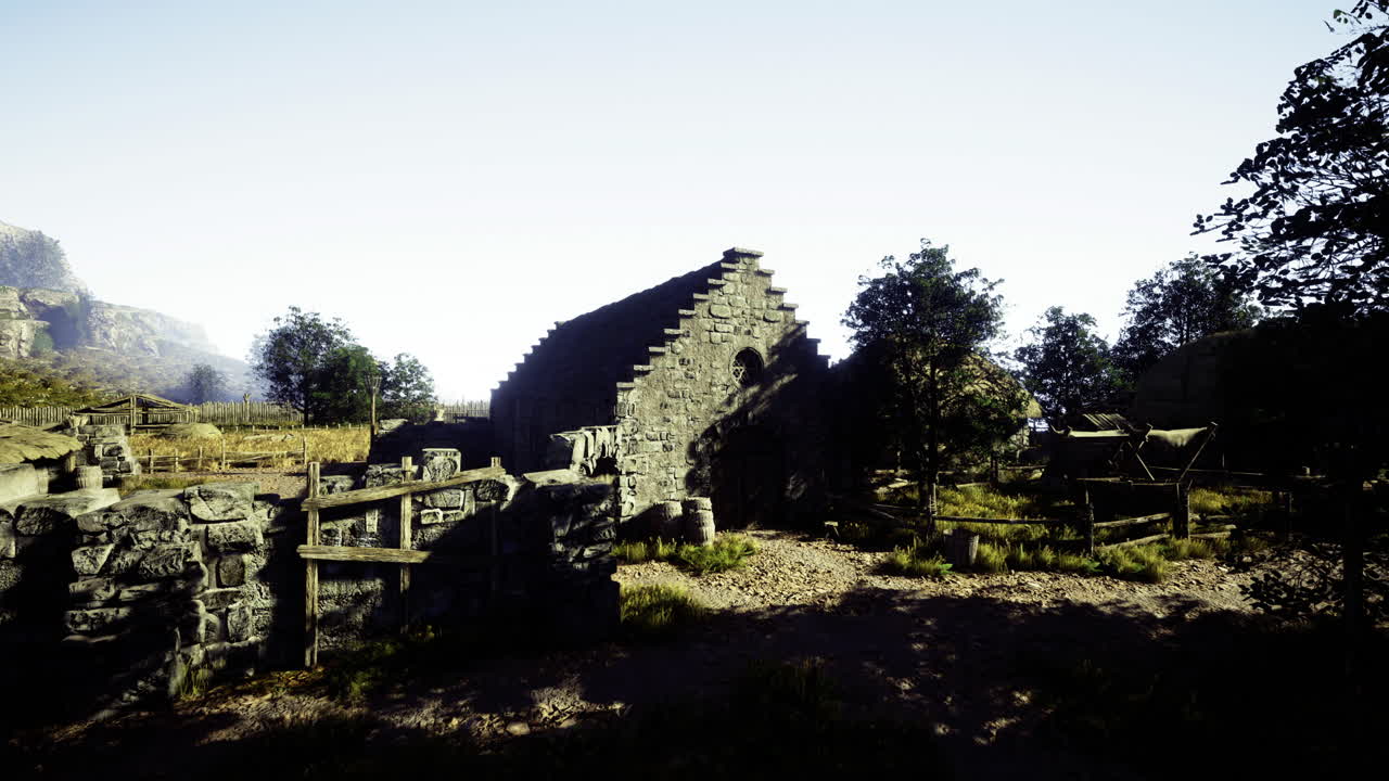 Historic stone structure surrounded by lush greenery in bright daylight