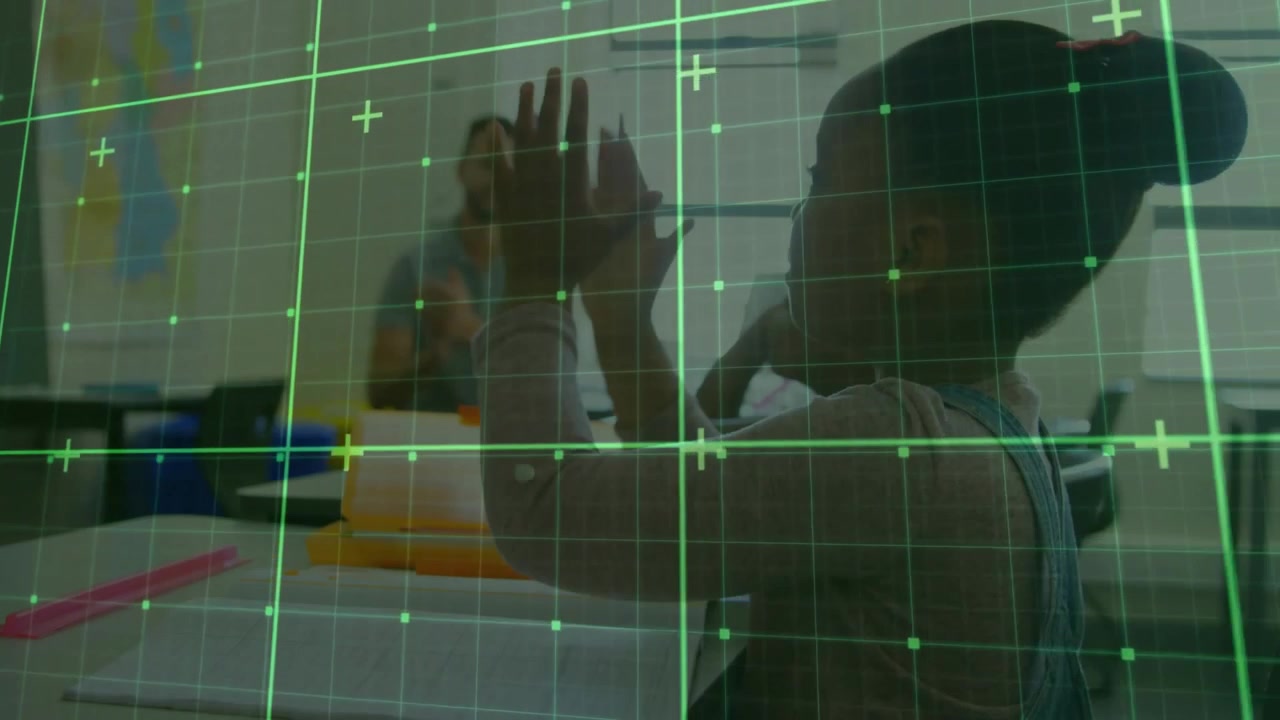 Girl raising hands gesturing to answer teacher question in classroom with animated chart