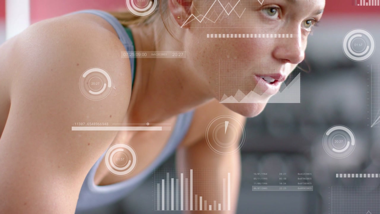 Woman reaching for shaker, lifting head while holding plank, causing HUD charts tracking fitness