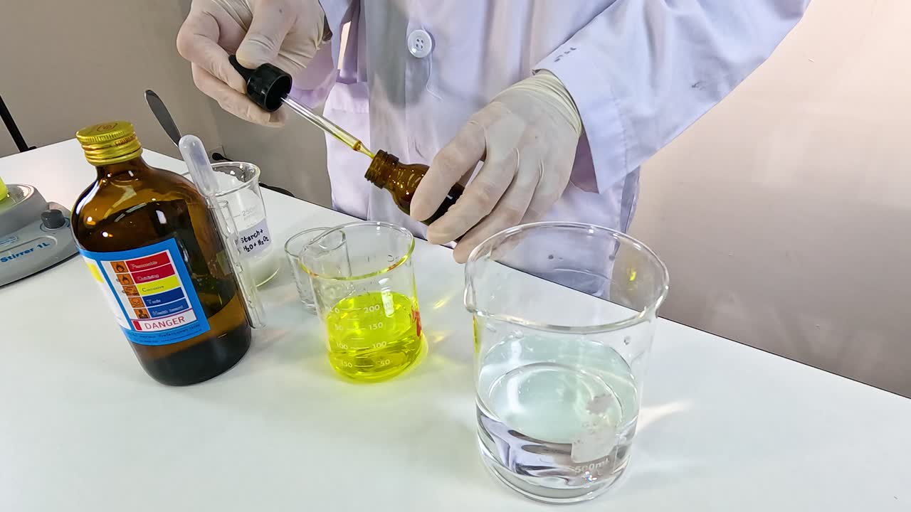 Scientist conducts iodine clock reaction with precise measurements in a well-lit laboratory setting