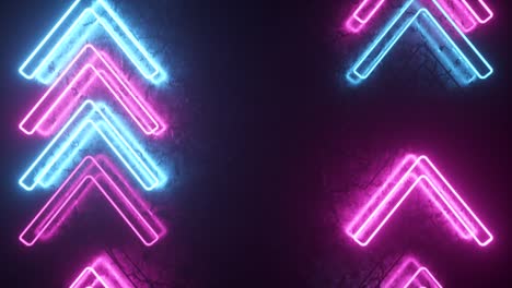 las flechas de neón brillantes en una superficie metálica indican la dirección del movimiento. fondo láser abstracto. bucle sin costuras 3d render
