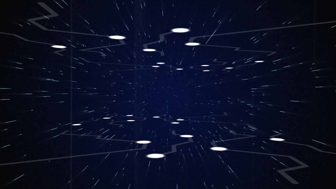 Animation of glowing white points with light trails moving on night sky with stars