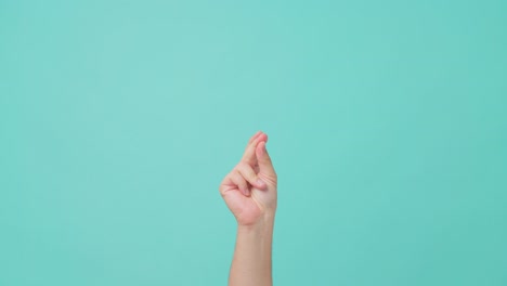 close up shot of human hand raising, with finger snapping gesture. the man snaping the finger trying to make a sound to bring people attention. seen in isolate blue screen in background.