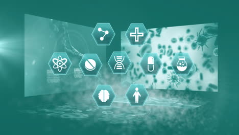 animation of medical icons over data processing on blue background