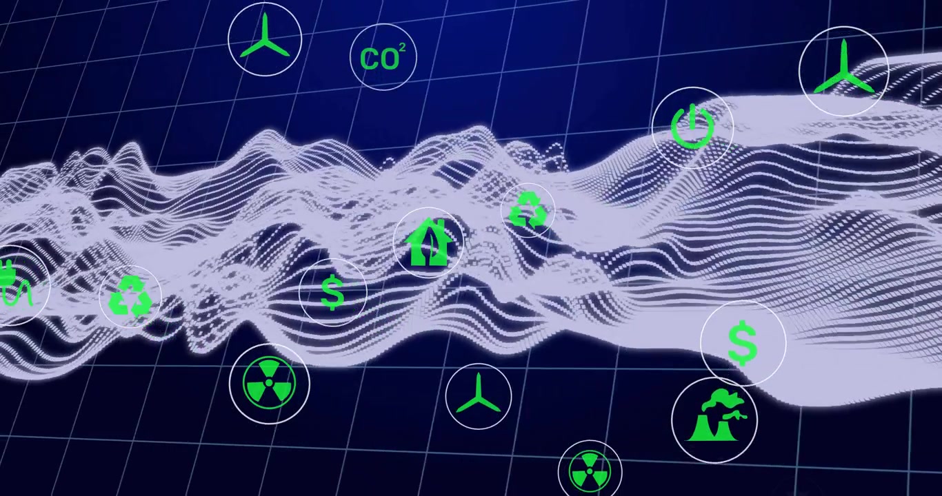 3D waveform ribbon emerging over grid, driving green icons shifting, pulsing, showing dynamics