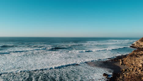 Aerial-drone-shot-of-coast-in-Portugal-with-deep-blue-sky