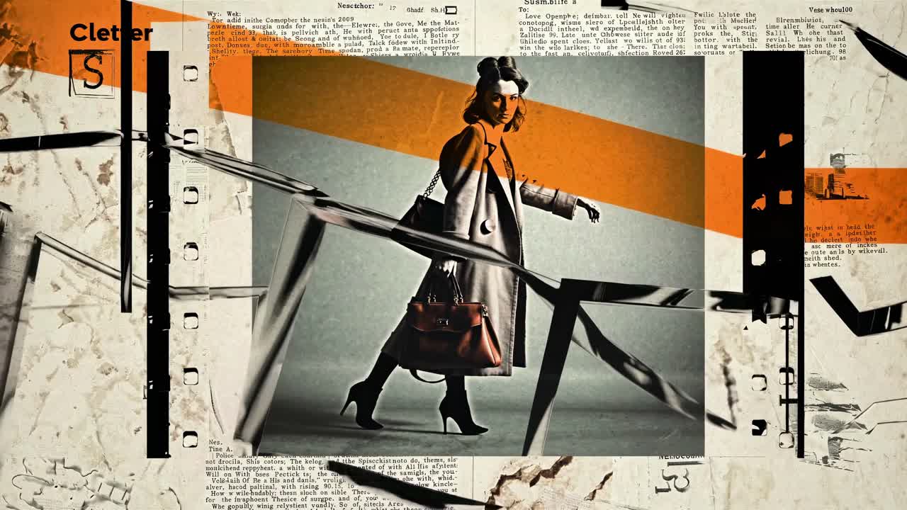 A retro-style video collage with a low-angle shot of a woman walking, set against a textured