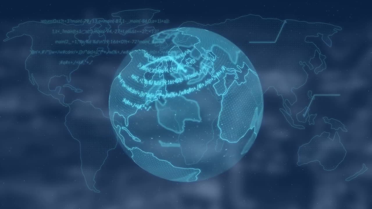 데이터 처리의 애니메이션과 흐릿한 배경 위의 지구