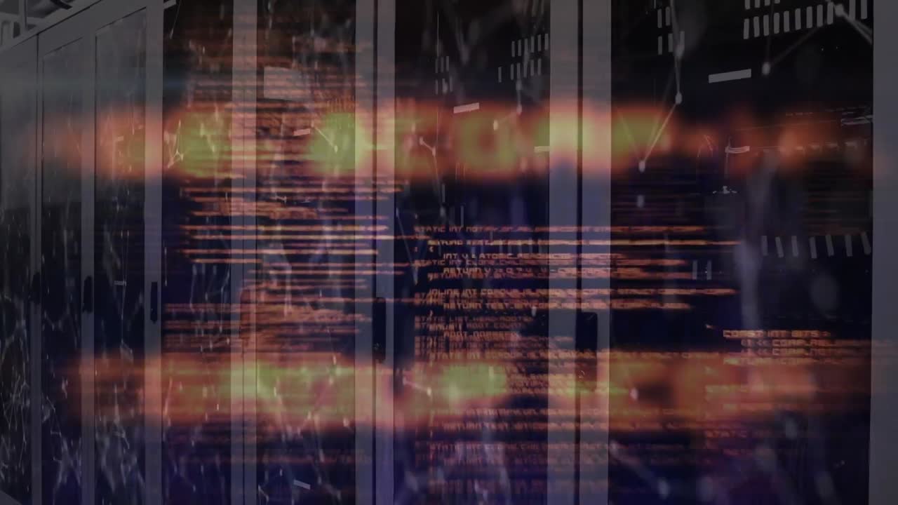Animation of computer language over connected dots against server room in background