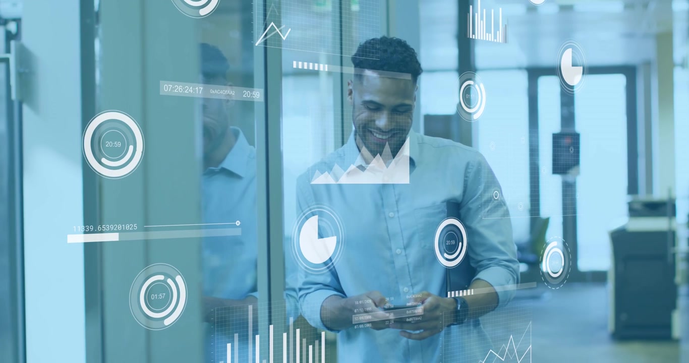 Animation of statistical data processing against man using smartphone smiling at office