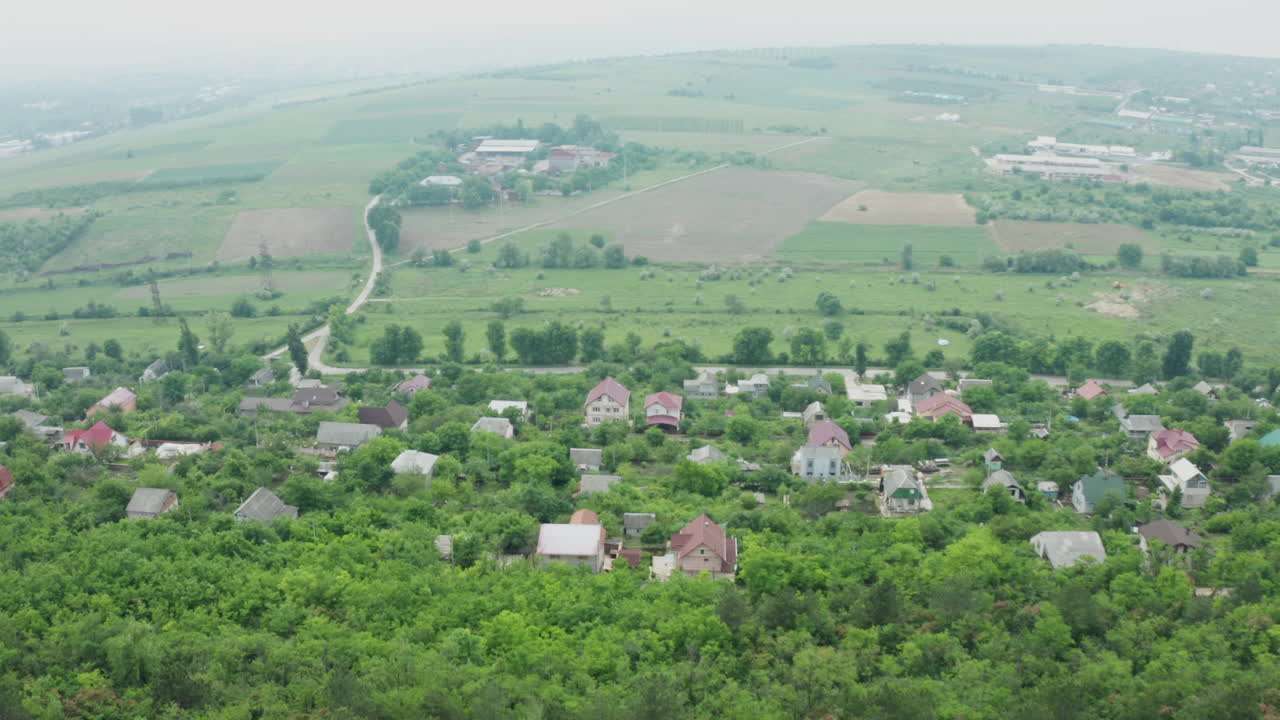 Aerial View of a Village and Countryside Landscape