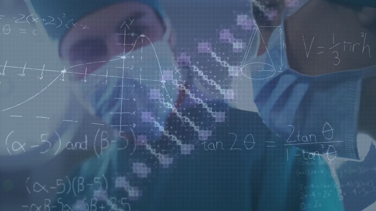 Animazione di DNA rotante su chirurghi caucasici, una donna e un uomo, durante l'operazione.
