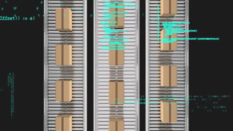 animation of data processing over cardboard boxes on conveyor belts