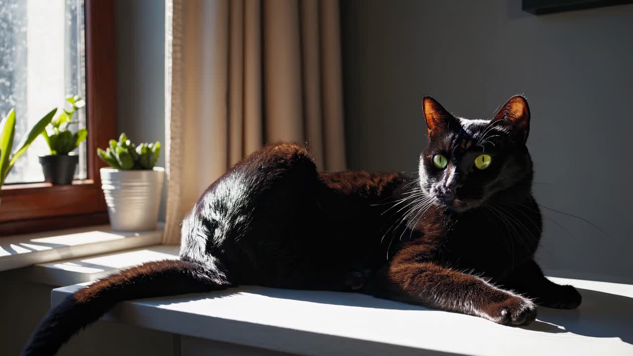 A black cat lounges on a sunlit windowsill, captured in a side-angle shot