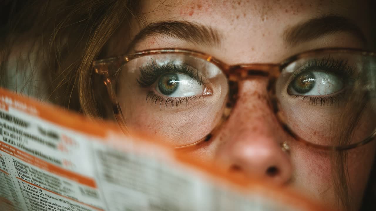 An Introspective Moment: A Close-Up Capture of a Young Individual with Distinctive Glasses, Engrossed in Reading, Her Expressions Reflecting Curiosity and Engagement in the World Around Her