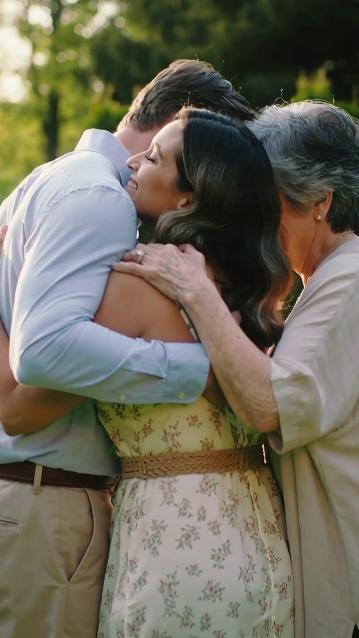 Video verticale: Uomo sorridente in camicia blu che abbraccia una donna in abito floreale in giardino, un anziano che offre supporto.