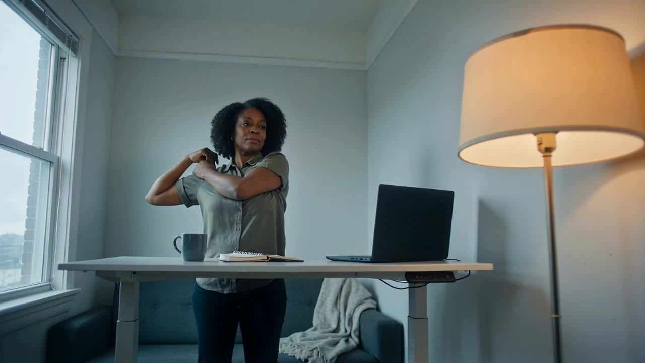 Doing crossbody stretch, home-office woman wearing shirt at standing desk taking break from laptop
