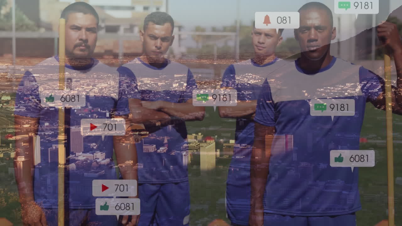 시티스케이프에 대항하는 남성 축구 선수 팀에 대한 숫자가 증가하는 디지털 아이콘