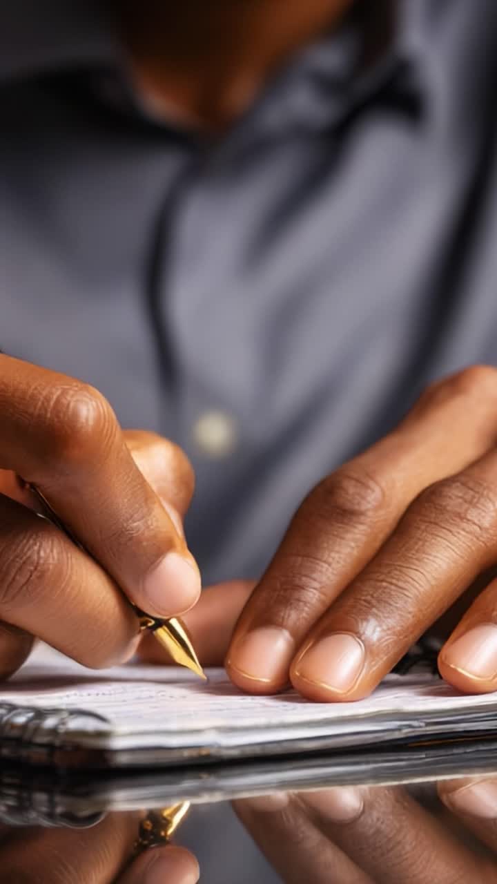 An Intimate Moment of Reflection and Creation: Close-Up on Hands as They Write in a Notebook, Capturing the Essence of Thoughtful Expression Through the Fluid Motion of a Pen on Paper