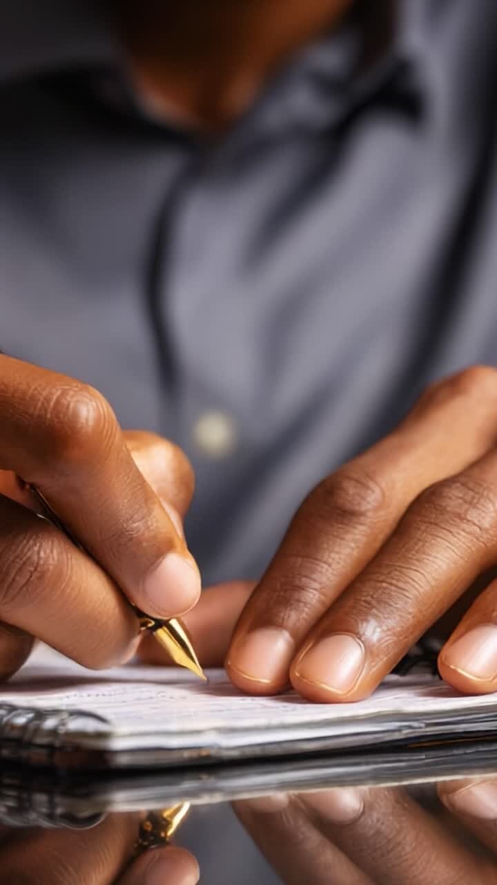 An Intimate Moment of Reflection and Creation: Close-Up on Hands as They Write in a Notebook, Capturing the Essence of Thoughtful Expression Through the Fluid Motion of a Pen on Paper