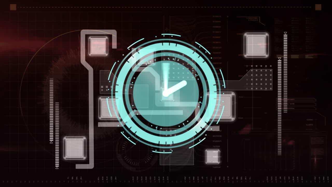 Animation of clock with turning hands over network of connections on black background