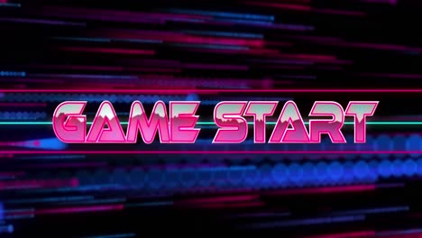 animation of game start text between lines over multicolored dots against black background