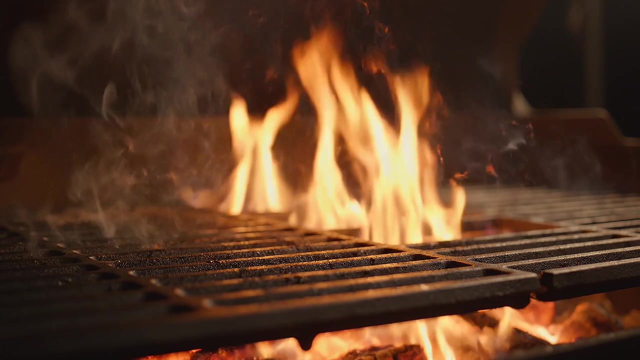 Fiamme e fumo che si innalzano attraverso una griglia in ghisa
