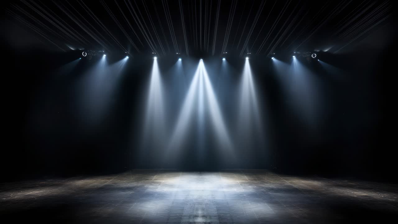 A dramatic stage with spotlights beaming down, captured from a frontal angle
