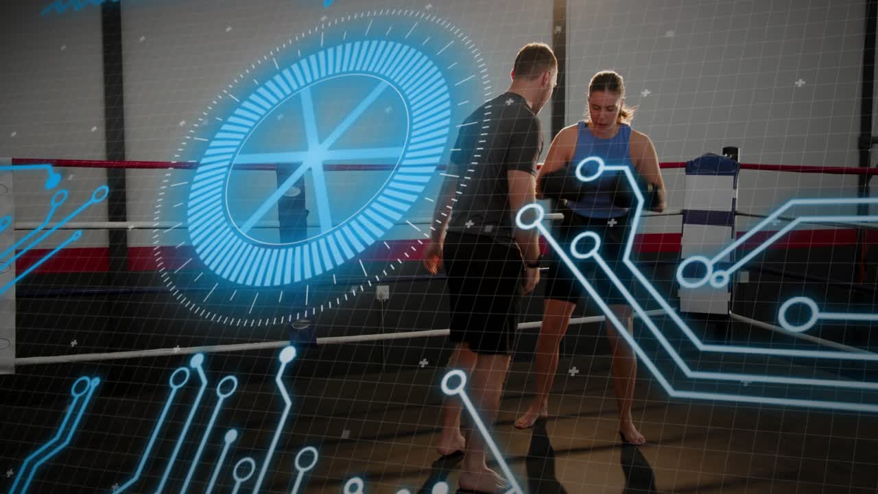 Coach adjusting gloves after boxer extending hands in ring, holo overlaying lower aiding boxing