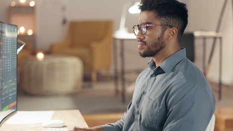 man, office and trading by computer in night