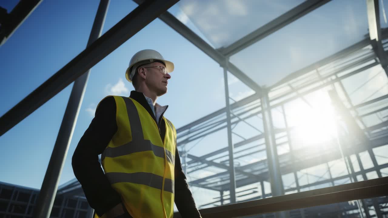 Low-angle shot of a construction worker in a hard hat and vest, gazing at a steel structure