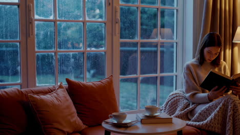 woman reading a book by the window on a cozy evening