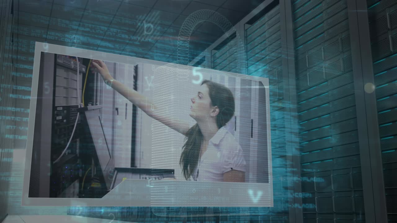 Animation of cyber attack warning over caucasian woman in server room