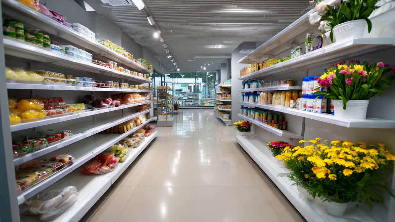 Pasillo de supermercado luminoso y atractivo que exhibe productos frescos, flores coloridas y una variedad de productos en estanterías bien organizadas con iluminación natural que mejora la experiencia de compra