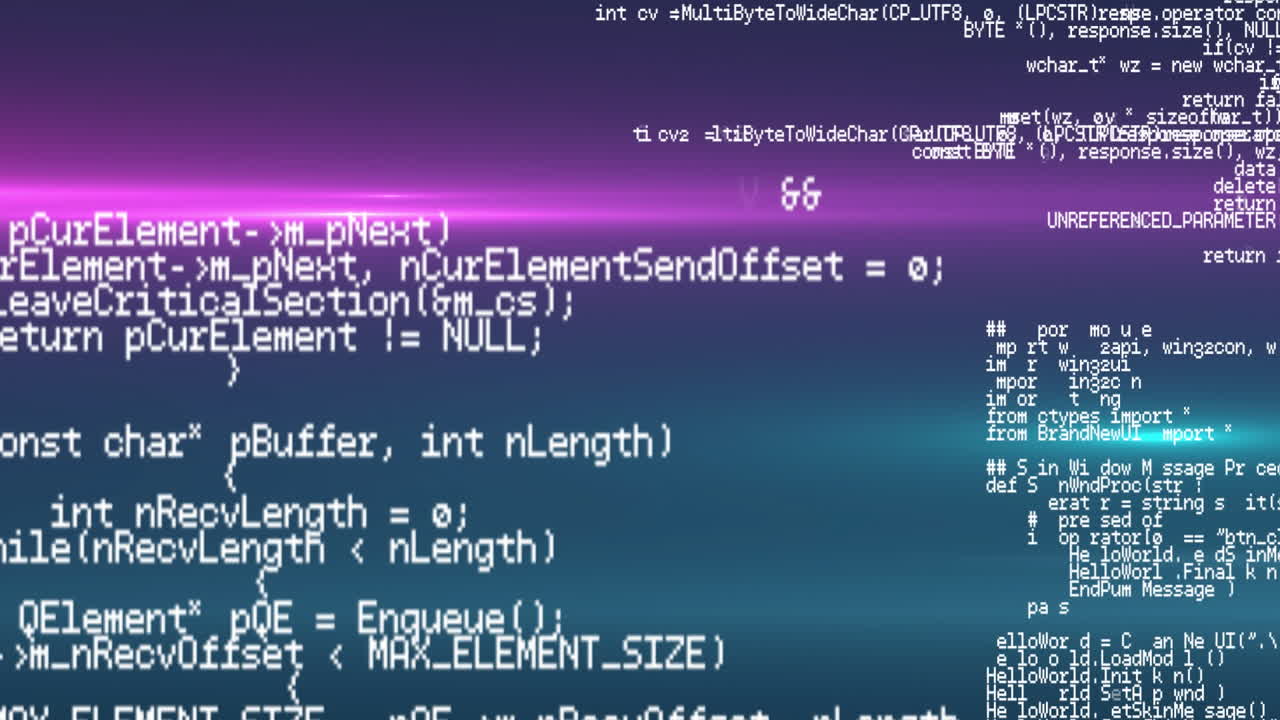 Programming code overlay moving over gradient interface, featuring pointers, imports and functions