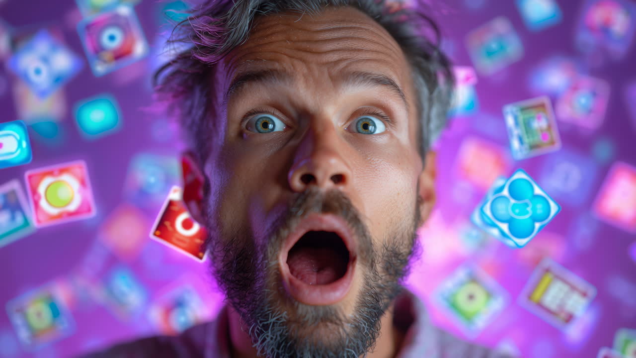 Man responds to game excitement. A man expresses surprise while colorful game icons float around him in a vibrant digital space