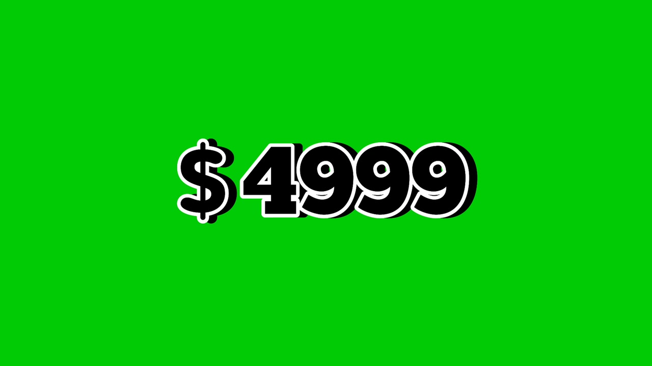 4.999 dolarlık animasyonlu fiyat etiketi, duman efektli hareketli grafik ve yeşil ekran arka planı ile. Reklamlar, e-ticaret, perakende, indirimler ve promosyon iş konsepti video öğesi için mükemmel.