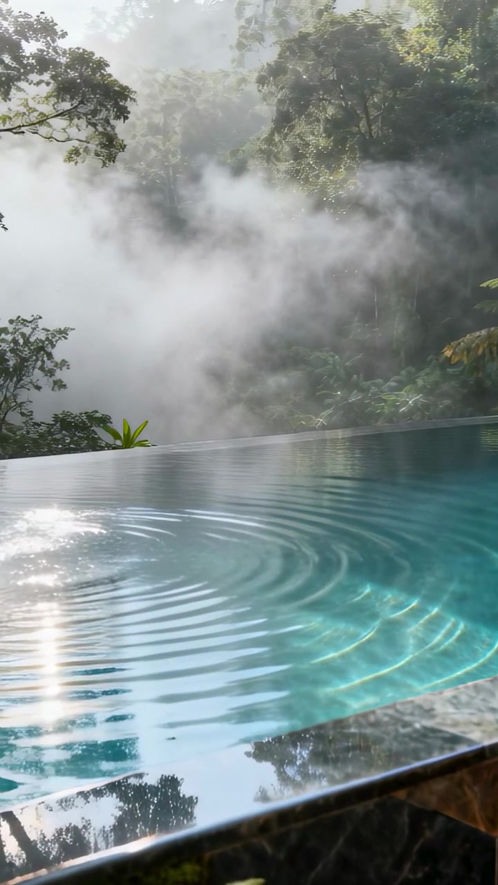 Video verticale: Piscina a sfioro increspata che crea cerchi dopo uno schizzo vicino a una foresta nebbiosa, felci e bagliori.