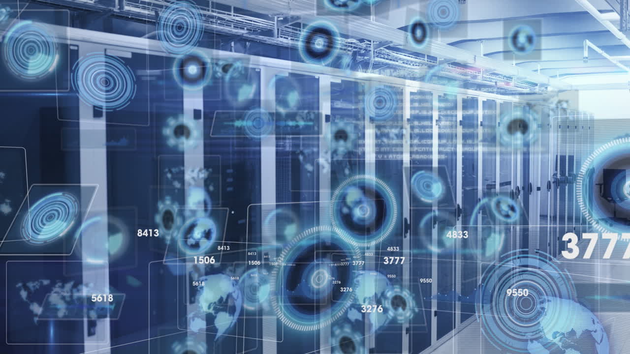 animación de números cambiantes, escáneres redondos y procesamiento de datos contra la sala de servidores.
