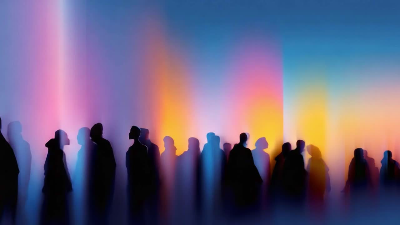A mesmerizing interplay of silhouettes against a vivid gradient backdrop showcases the dynamic essence of human presence within abstract art, merging colors and shapes beautifully