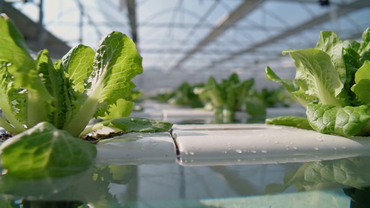 Starting camera tracking revealing lettuce head in greenhouse, showing plant collars and channels
