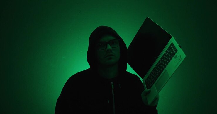 Uomo incappucciato che tiene un laptop aperto sotto un'illuminazione verde drammatica. Concetto di hacking, cybersicurezza, minacce digitali, anonimato e tecnologia.