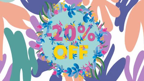 Animation-of-20-percent-off-text-on-blue-circle-with-floral-pattern-on-white-background