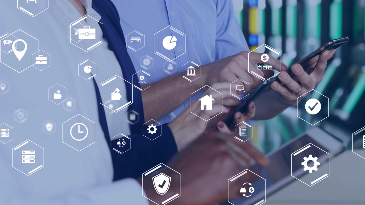 IT professionals tapping and swiping devices by servers, animating growing hex icons for security