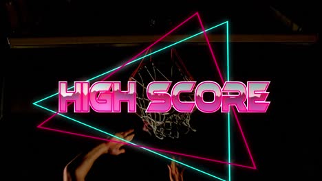 High-score-text-over-neon-banner-against-midsection-of-male-basketball-player-making-slam-dunk