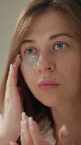 young lady applies moisturizing patch under eye after taking shower. woman uses cosmetic patch under eyes with lifting effect to moisturize skin