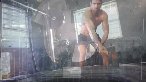 Animation-Des-Scope-Scannens-Und-Der-Datenverarbeitung-über-Einem-Mann,-Der-Im-Fitnessstudio-Trainiert