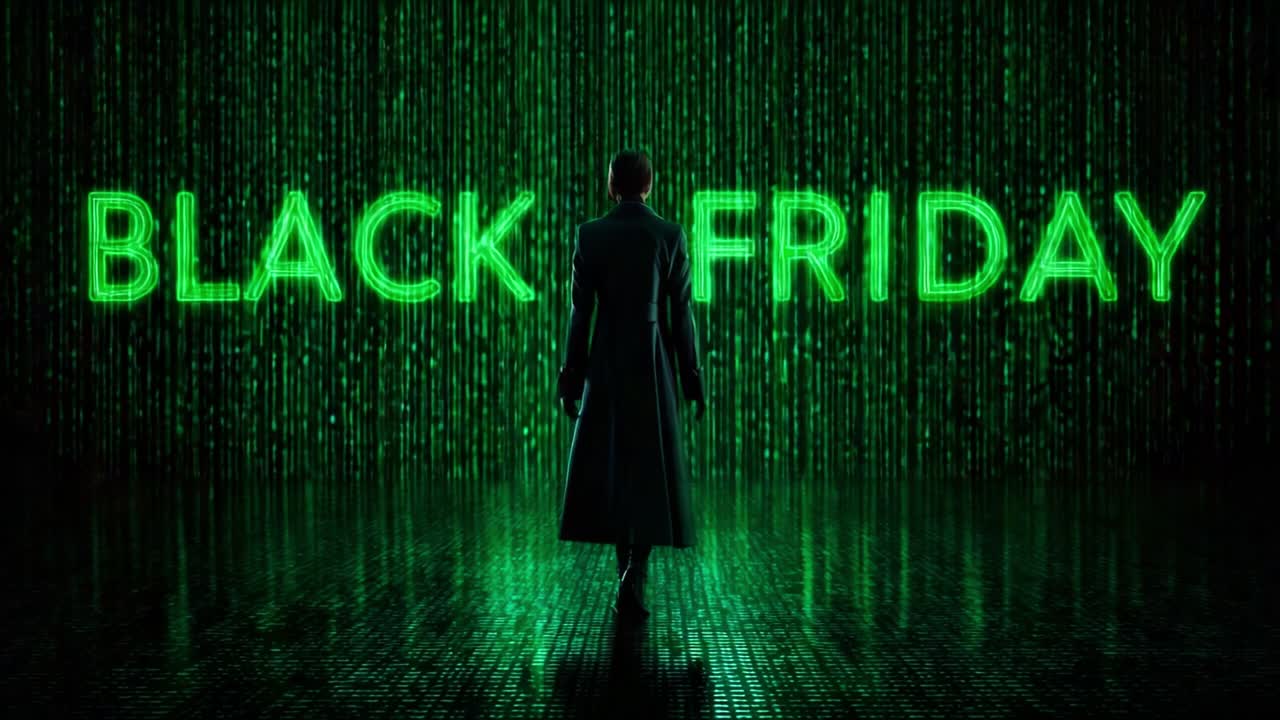 A striking visual representation of Black Friday, featuring an enigmatic silhouette against a backdrop of glowing green code, symbolizing the digital shopping frenzy and consumerism of the holiday season