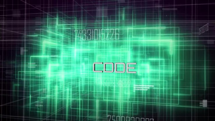 Sich öffnendes 3D-Neon-Wireframe-Gitter, das sich im Zentrum der Matrix zusammenfügt, mit pulsierendem CODE-Label und schwebenden Codes