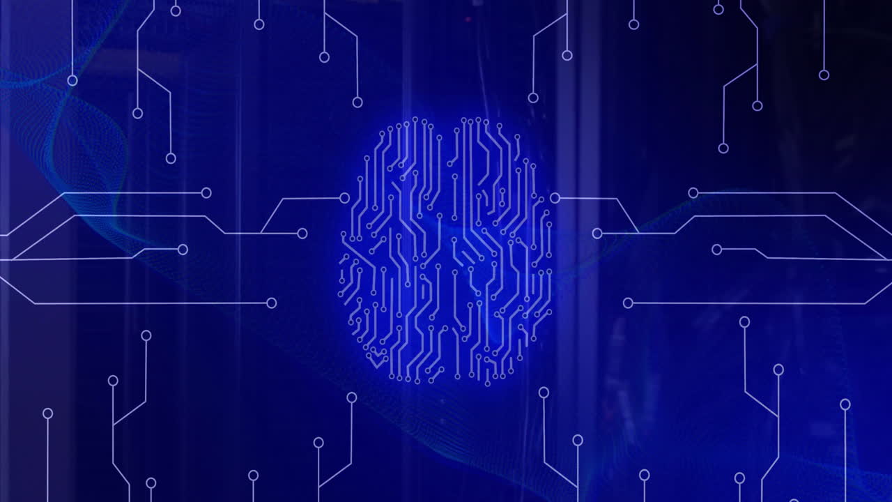 animación del procesamiento de datos digitales a través de una placa de circuitos de computadora y un cerebro artificial
